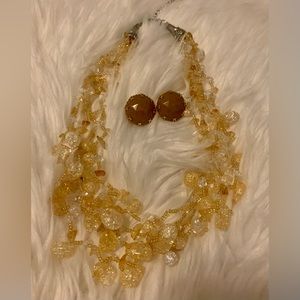 Necklace Clip Earrings Set Cookie Lee 4 Strand Crackle Yellow Clear White Beads